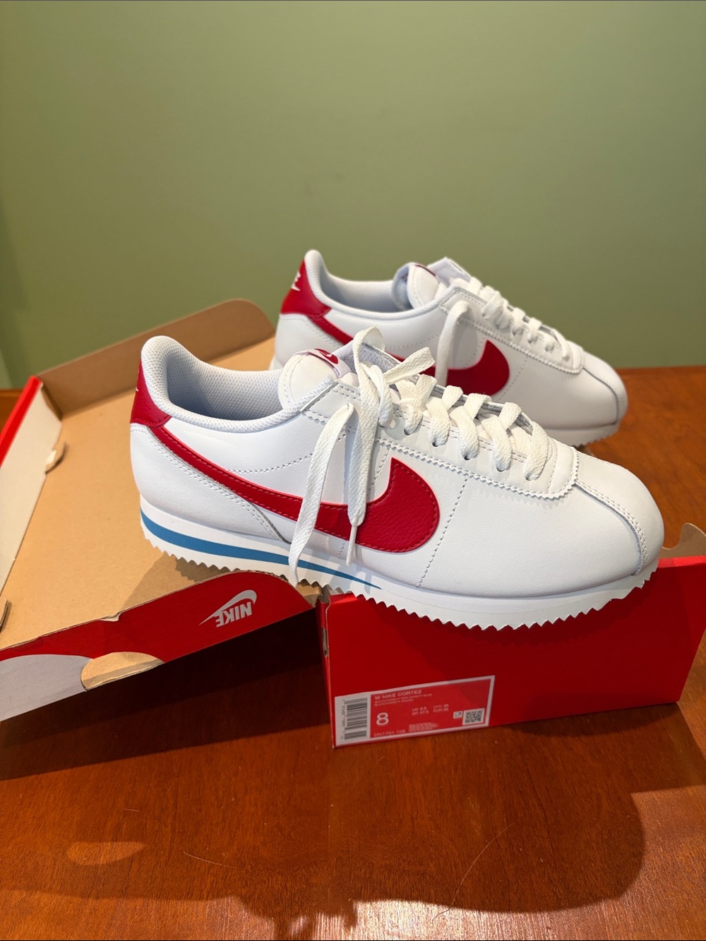 New Nike Cortez White Sneakers with Red Swoosh and Blue Stripe